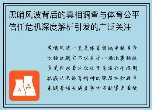 黑哨风波背后的真相调查与体育公平信任危机深度解析引发的广泛关注